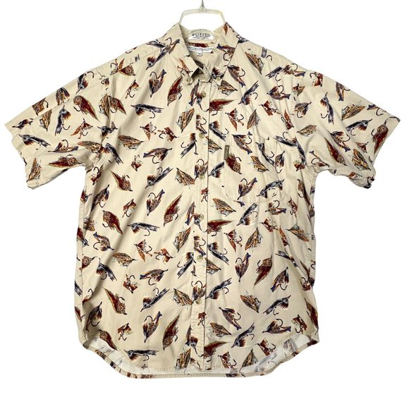 Columbia Shirts Vintage Columbia Fly Fishing Lures Button Down Shirt Tan Mens Medium M